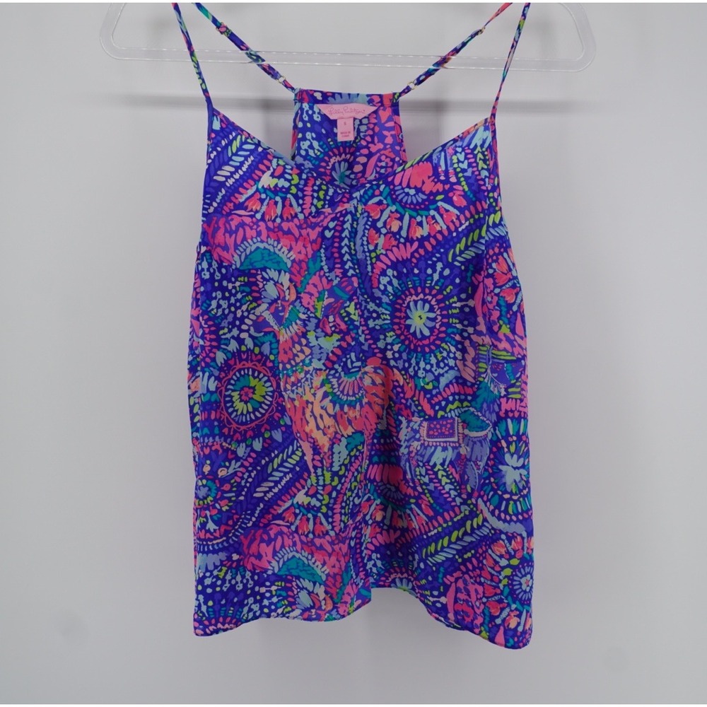 Lilly Pulitzer Blue Pink Elephant Paisley Racerback Cami Tank Top Small